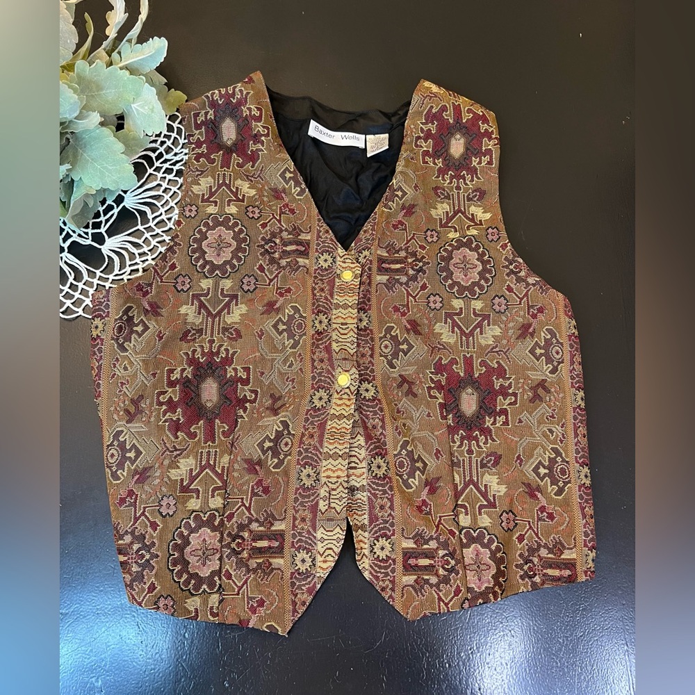 Baxter & Wells Vintage 90s Aztec Tribal Tan Maroon Tapestry Vest Sz M See Detail